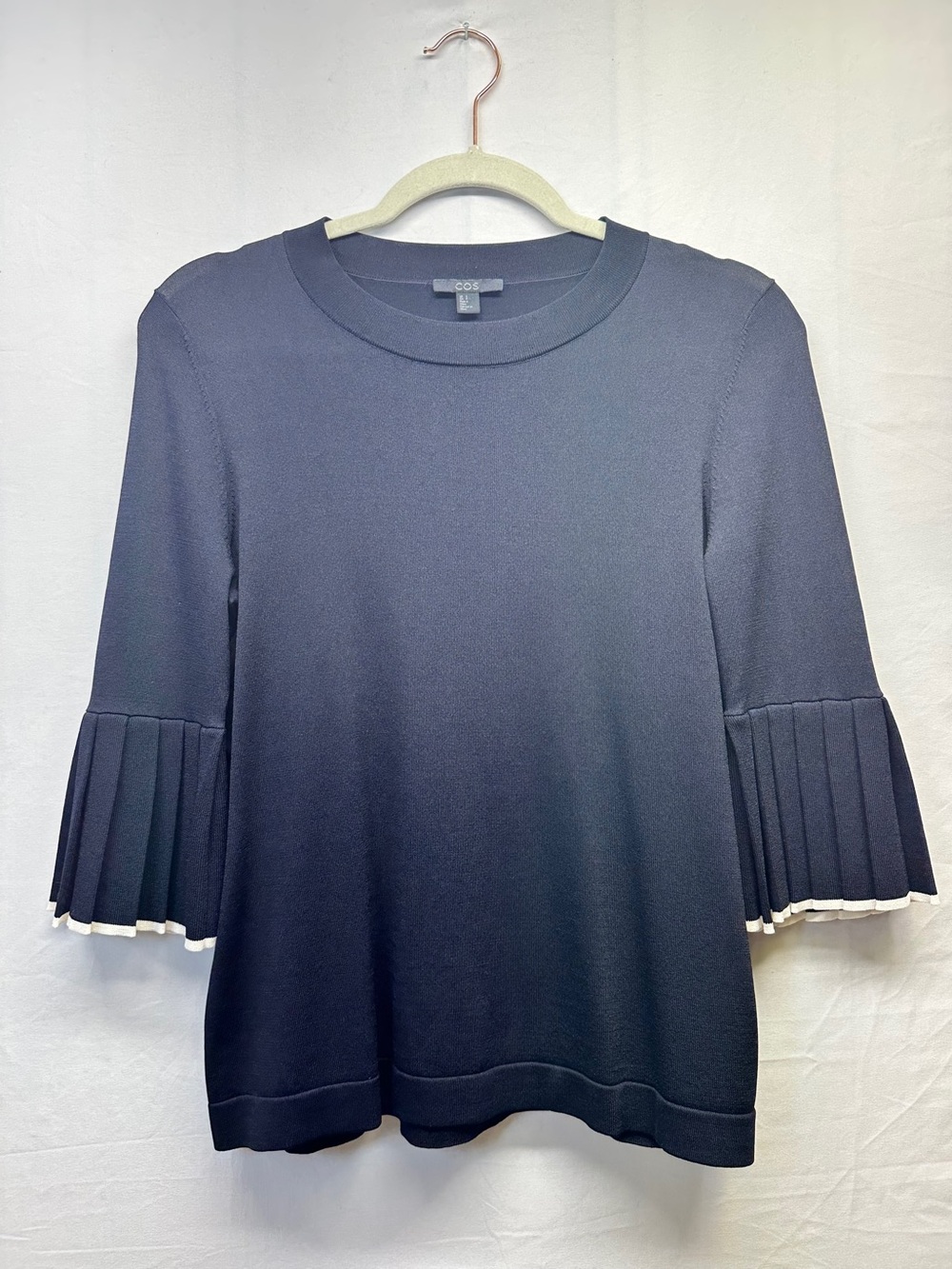 COS Navy Short Sleeve Knit Top with Pleated Cuffs and White Trim